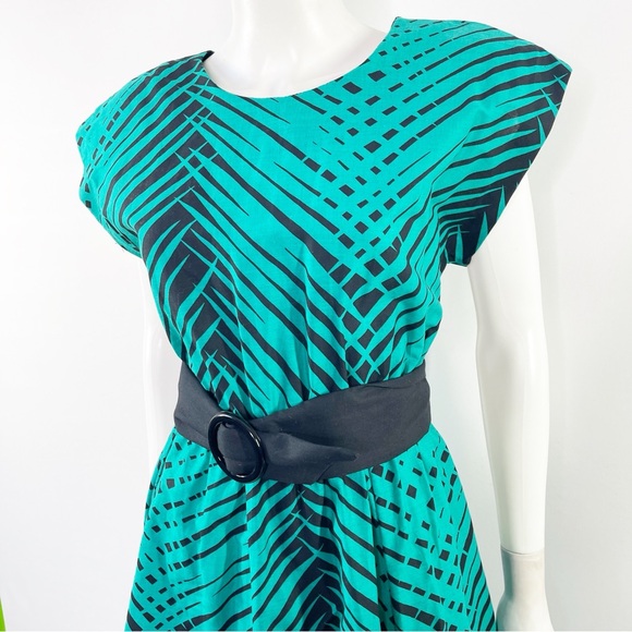 On The Rocks California Vintage Teal Green Dress Size 7/8 Black Palm Leaf Print - Picture 3 of 11